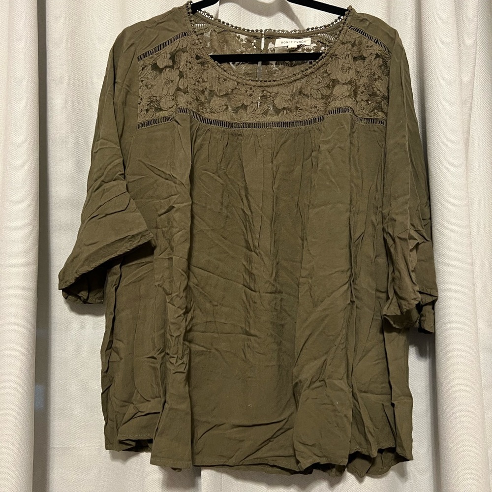 Honey Punch Olive Green Lace Detail Top